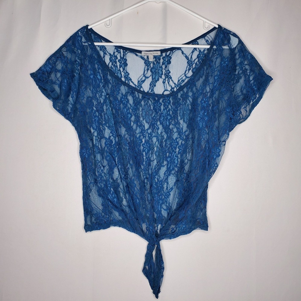 Y2K Charlotte Russe Sheer Lace Crop Top‎ Women Jr Large Teal Fairy Grunge 90s